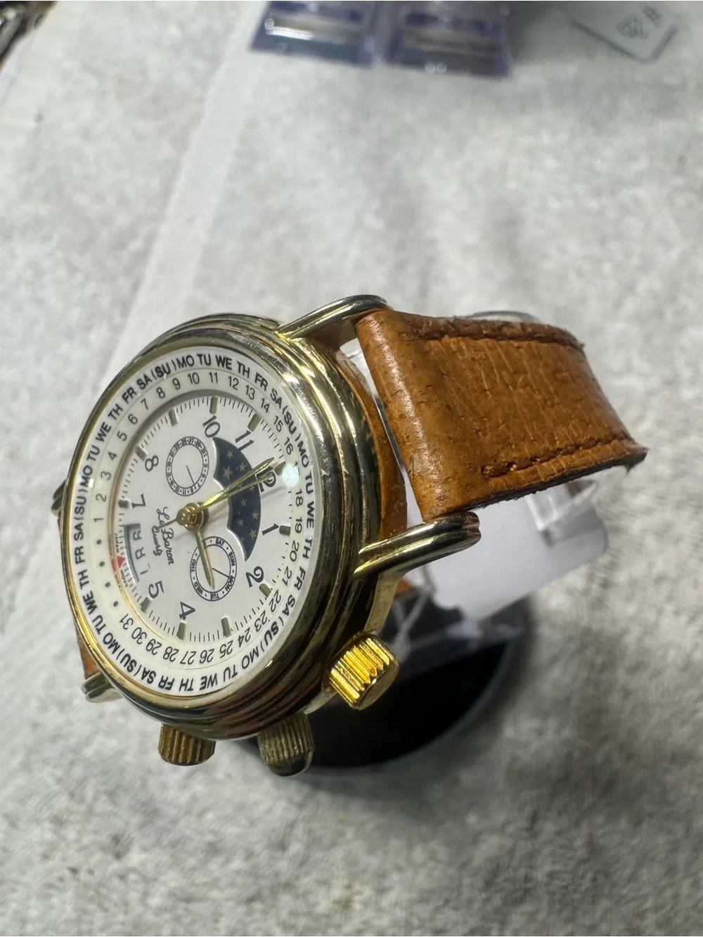 Women's Gold-Tone Moonphase Watch with Brown Leather Strap